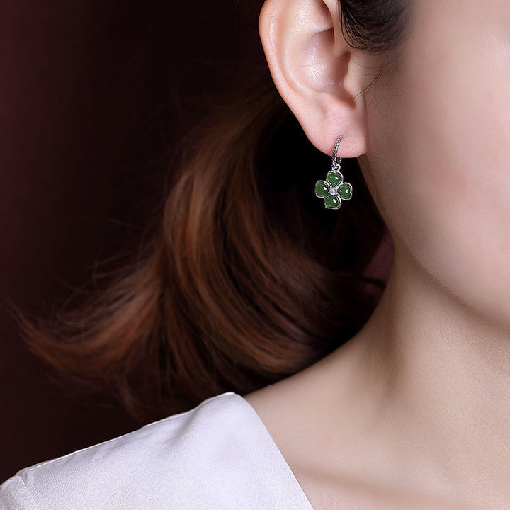 Pendientes de plata de ley 925 con Buddha Stones , jade cian natural, trébol de cuatro hojas, suerte y éxito
