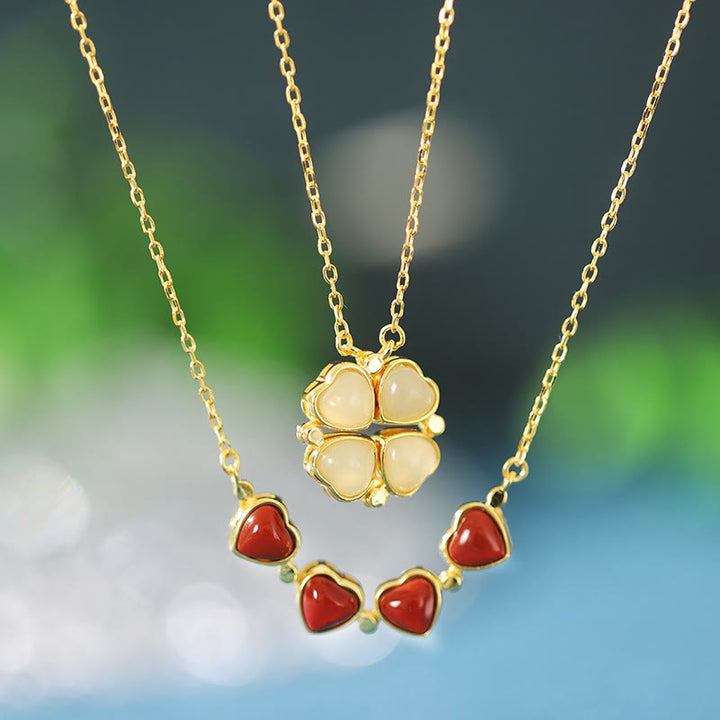 Colgante de plata de ley 925 con Buddha Stones , trébol de cuatro hojas, jade blanco, ágata roja, colgante de abundancia