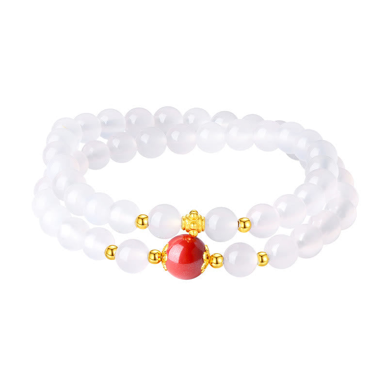 Pulsera de protección doble de cinabrio de ágata blanca natural de plata de ley 925 con Buddha Stones