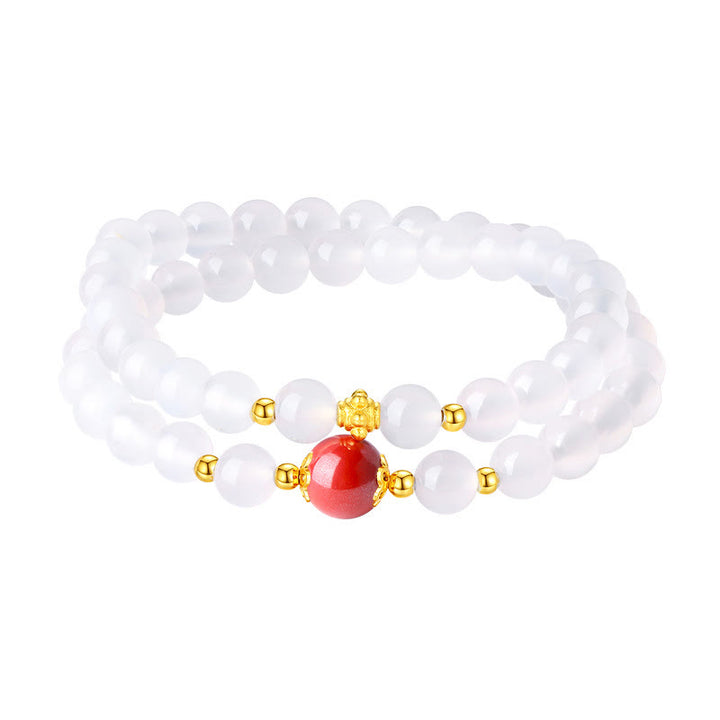 Pulsera de protección doble de cinabrio de ágata blanca natural de plata de ley 925 con Buddha Stones