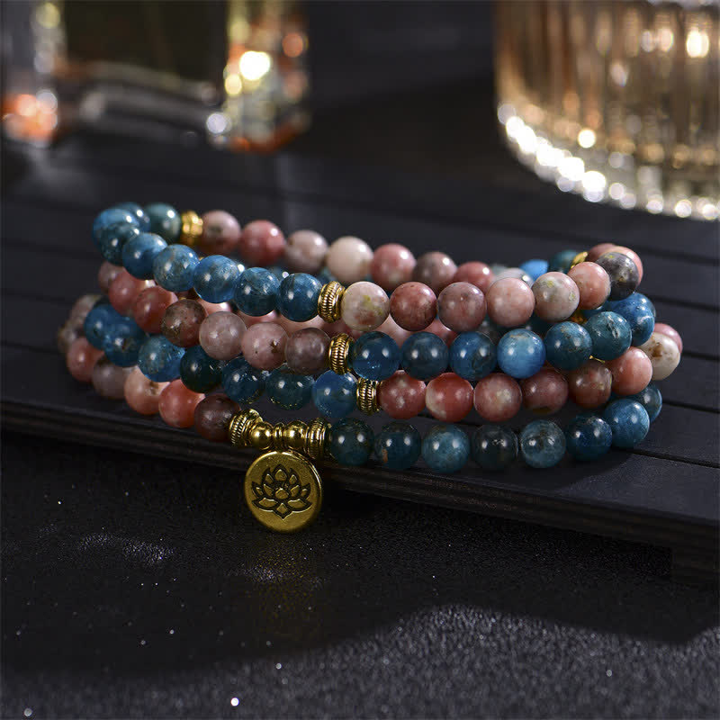 Pulsera de cuentas de oración con Buddha Stones , lazurita, lapislázuli, jaspe Picasso, amazonita, rodonita, apatita y loto positivo. - Apatito - image 14