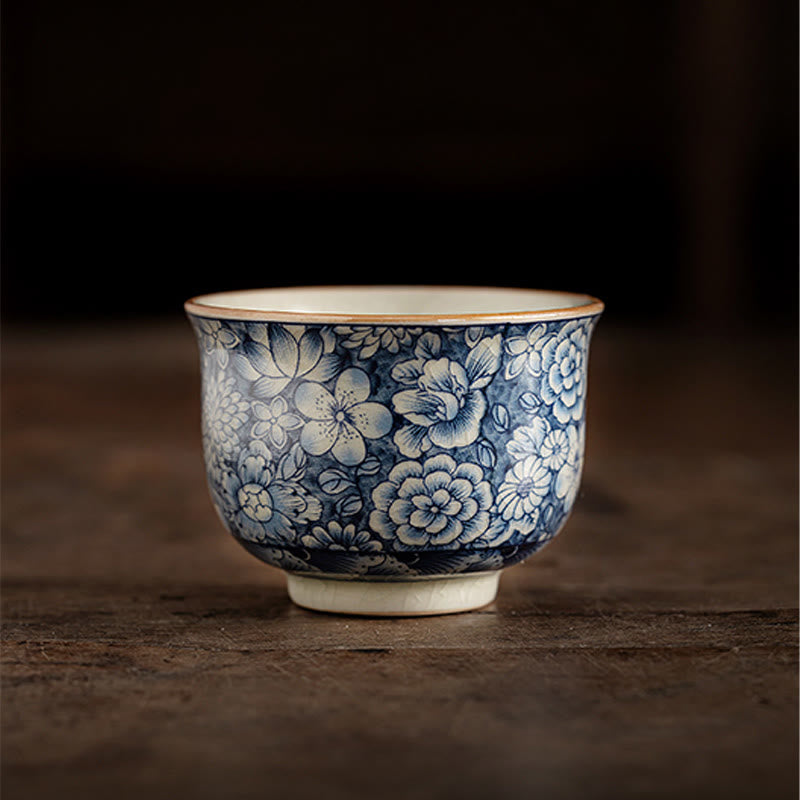 Tazas de té de cerámica de crisantemo con flor de ciruelo y peonía de loto Vintage con Buddha Stones