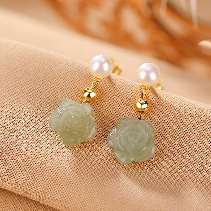 Pendientes de la suerte con perlas de jade cian y flor de rosa de jade chapado en plata de ley 925 con Buddha Stones