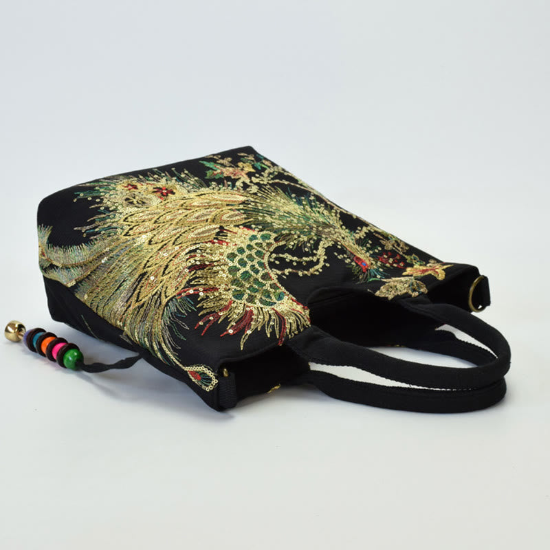 Bolso de mano con bordado de doble cara de pavo real con Buddha Stones, bolso bandolera