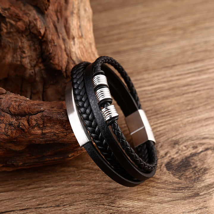 Pulsera con hebilla magnética trenzada con equilibrio de acero y titanio multicapa de cuero con Buddha Stones
