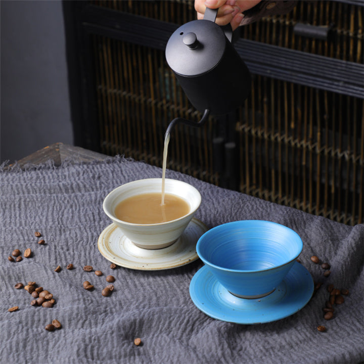 Taza de café de cerámica con diseño de planeta de Buddha Stones, taza de café y té de cerámica rugosa con platillo