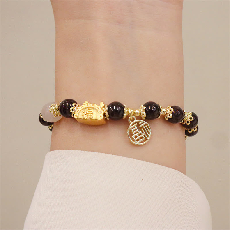 Buddha Stones Año del Dragón Ágata roja Cuarzo fresa Obsidiana negra Jade Granate Perla Cinabrio Bola de masa Dragón Suerte Fu Pulsera con personajes
