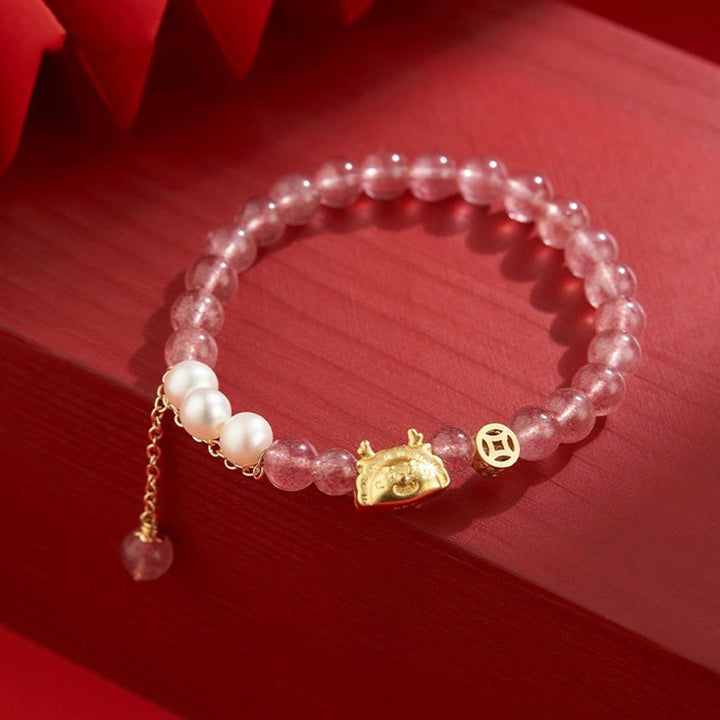Buddha Stones Año del Dragón Dumpling Ágata Roja Natural Granate Hetian Jade Fu Personaje Suerte Éxito Pulsera