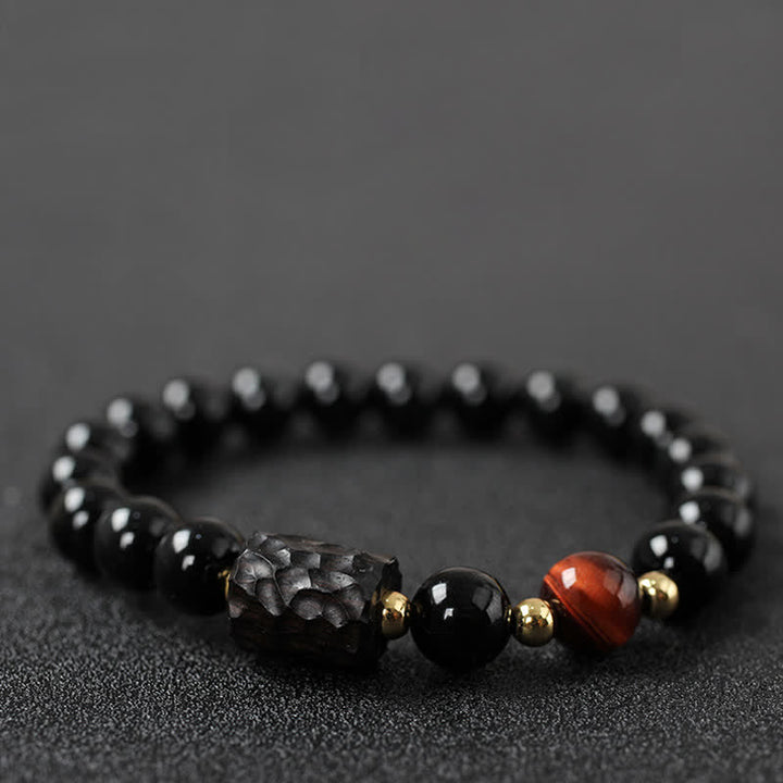 Pulsera de pareja de fuerza de ojo de tigre rojo de madera de ébano de obsidiana negra