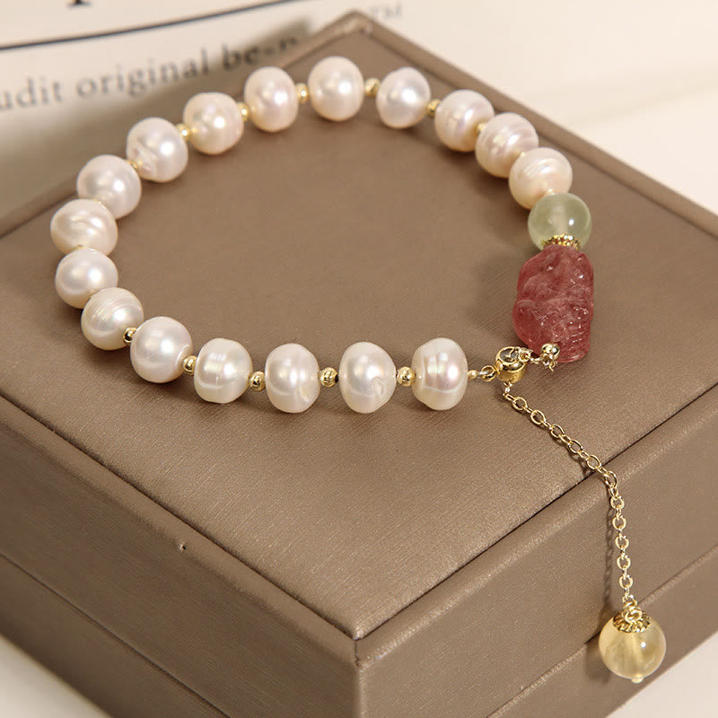 Pulsera con dijes de optimismo PiXiu, cuarzo fresa, perlas naturales , Buddha Stones - image 2