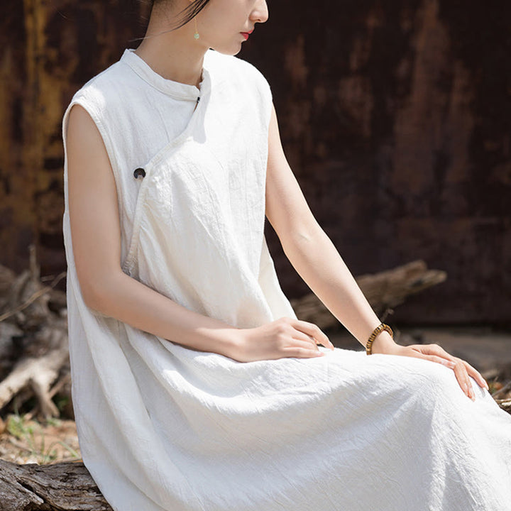 Vestido midi teñido anudado hecho a mano con Buddha Stones Vestido sin mangas de lino