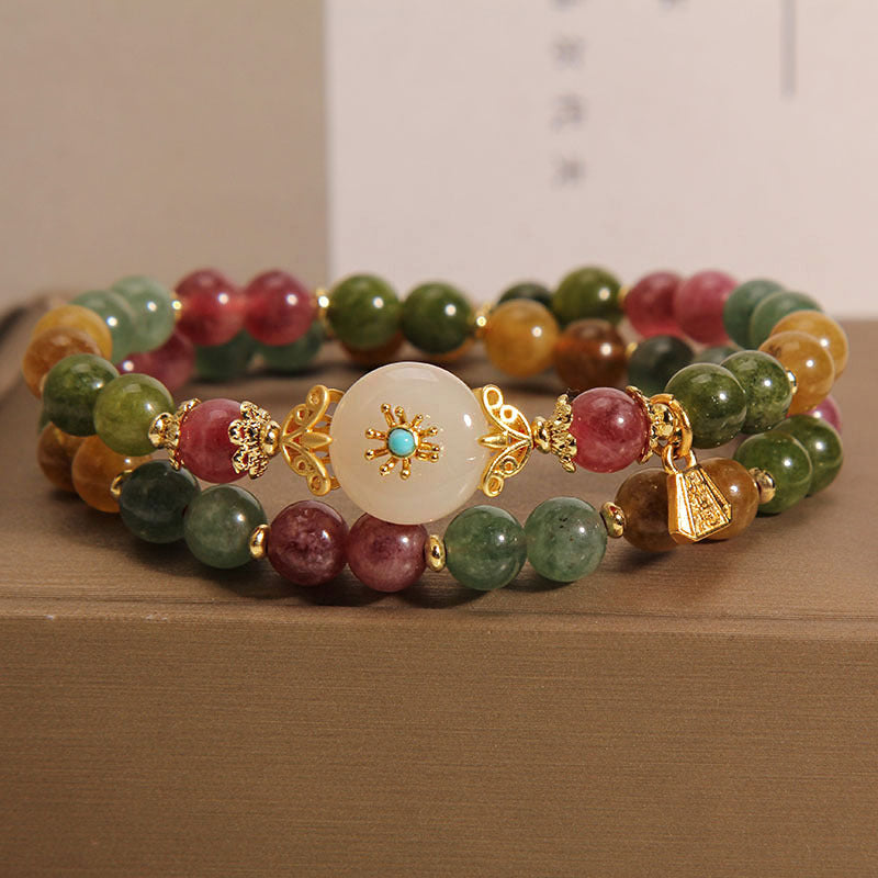 Pulsera de doble envoltura con flor de jade positivo de turmalina multicolor natural de Buddha Stones