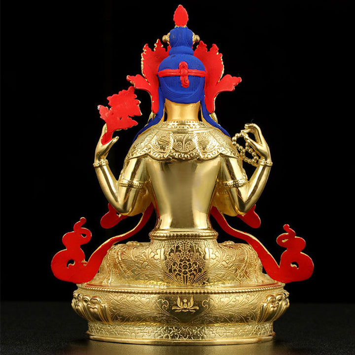 Chenrezig-Estatua chapada en oro y cobre con protección Avalokitesvara de cuatro brazos, decoración