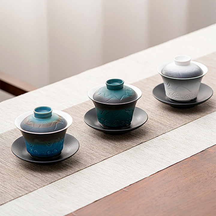 Taza de té de cerámica con gradiente de olas del mar, Retro Azul de Buddha Stones , Gaiwan Sancai, taza de té de Kung Fu y platillo con tapa