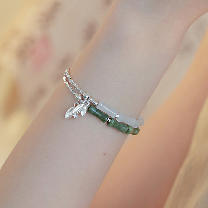 Pulsera de la suerte con patrón de bambú y peridoto de plata de ley 925 con Buddha Stones