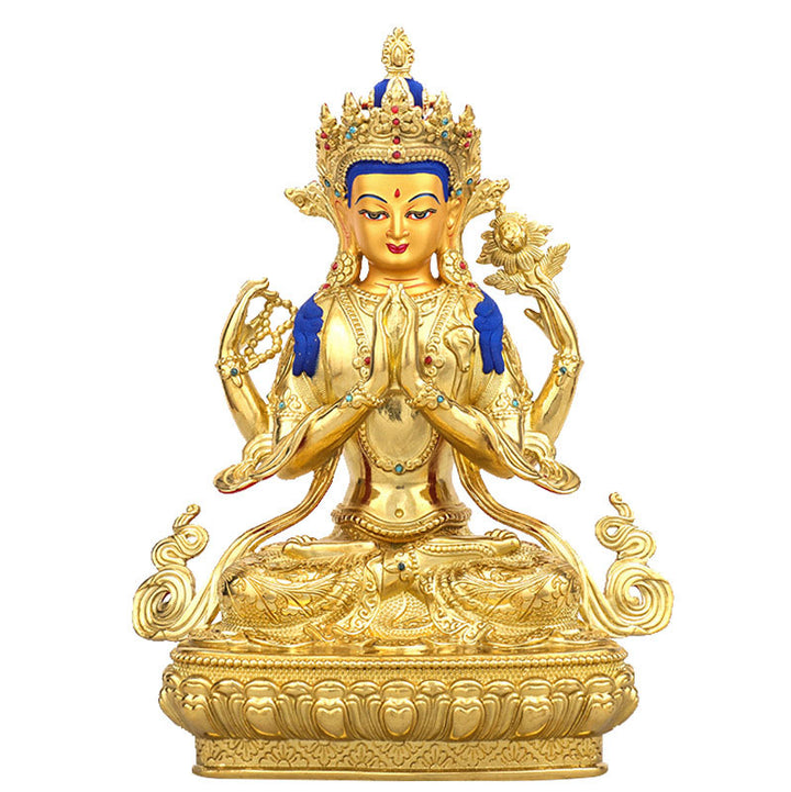 Chenrezig-Estatua chapada en oro y cobre con protección Avalokitesvara de cuatro brazos, decoración