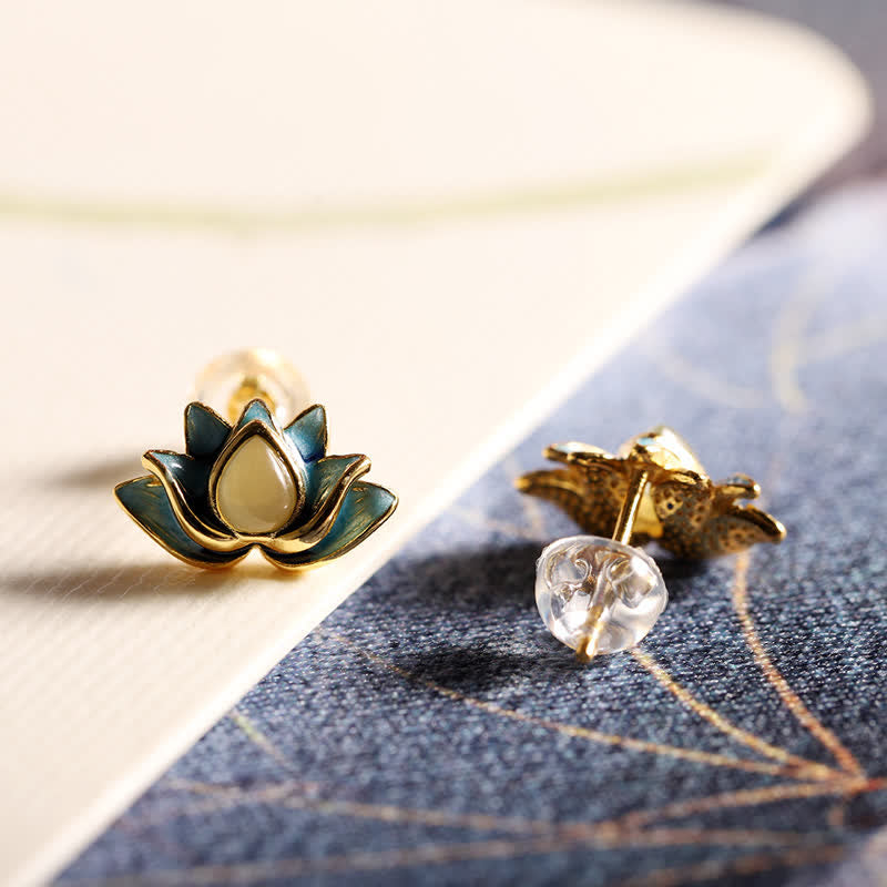 Pendientes de éxito de flor de loto de jade cian hetiano de plata de ley 925