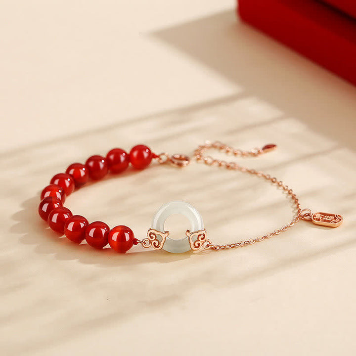 Pulsera de confianza con hebilla de paz de jade blanco de ágata roja natural de plata de ley 925