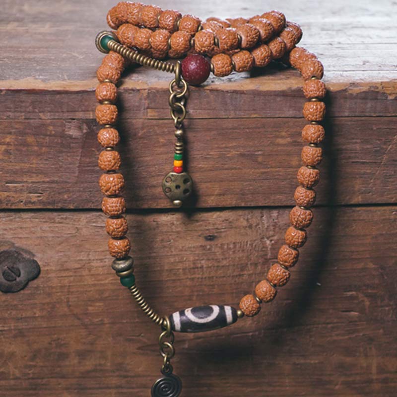 108 cuentas de Mala Rudraksha, semilla Bodhi, cuentas Dzi, pulsera de borlas de buena suerte