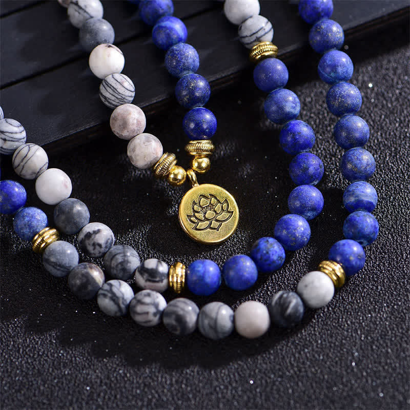 Buddha Stones Lazurita Jaspe Picasso Amazonita Rodonita Apatita Pulsera de cuentas de oración de loto positivo