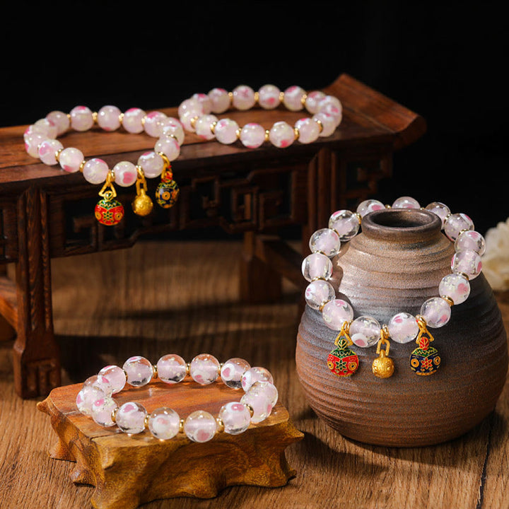 Pulsera de bendiciones con cuentas de cristal Liuli fluorescentes de corazón de amor rosa luminoso con abalorio familiar de bestia tragadora de oro con Buddha Stones