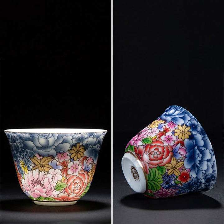 Taza de té de cerámica de porcelana azul y blanca, Buddha Stones, flores coloridas, orquídeas, olas del mar, taza de té de Kung Fu