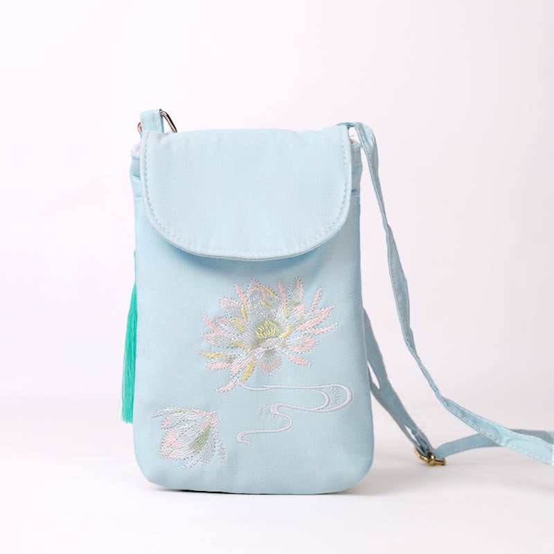 Bolso bandolera con flores bordadas pequeñas y Buddha Stones, bolso de hombro, bolso para móvil de doble capa