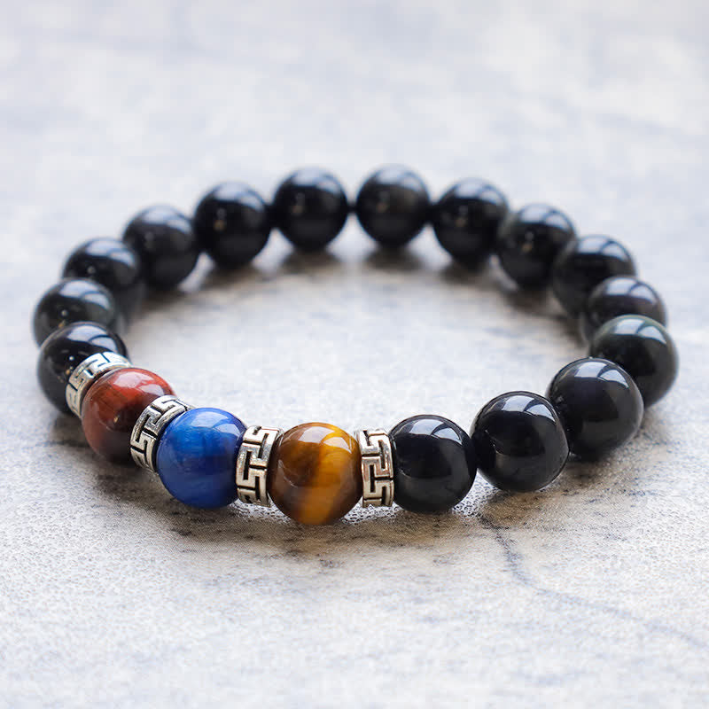 Pulsera de fuerza con Buddha Stones, obsidiana negra natural tricolor y ojo de tigre. - image 0
