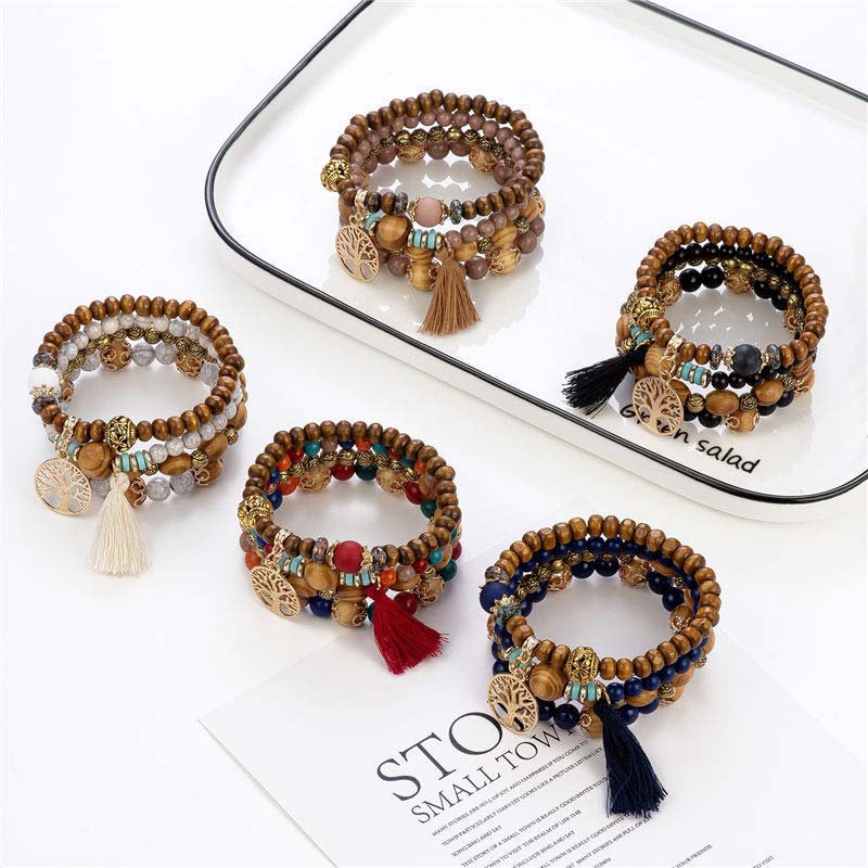 Pulsera curativa con borlas de árbol en capas de madera de wengué