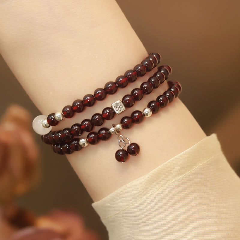 Pulsera de triple vuelta con protección para ojos de gato, granate natural, plata de ley 925 con Buddha Stones - 18 centímetros - image 1