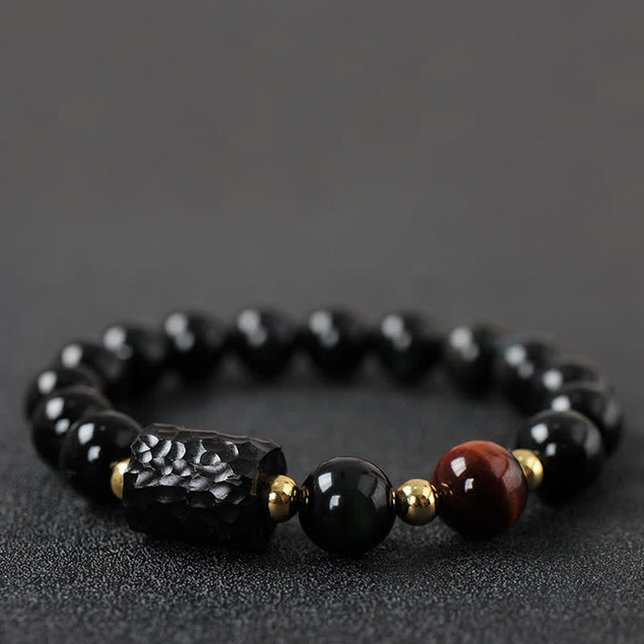 Pulsera de pareja de fuerza de ojo de tigre rojo de madera de ébano de obsidiana negra