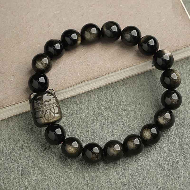 Buddha Stones Obsidiana con brillo dorado Obsidiana con brillo plateado Pata encantadora Pulsera de protección del gato de la suerte - image 20