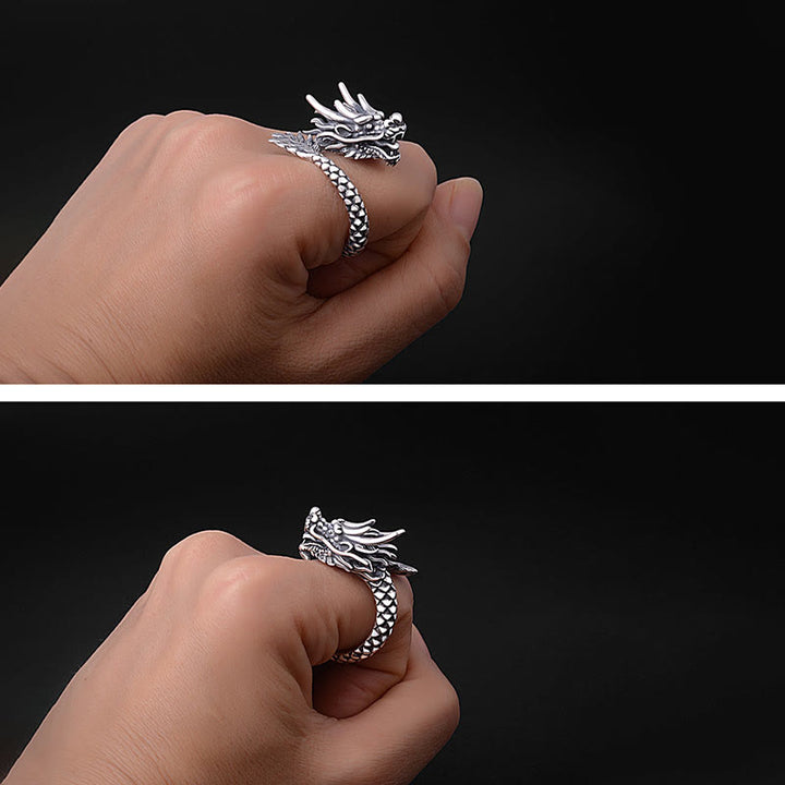 Anillo ajustable de plata de ley 990 con Buddha Stones , diseño de dragón vintage, protección de la suerte y fuerza - image 7