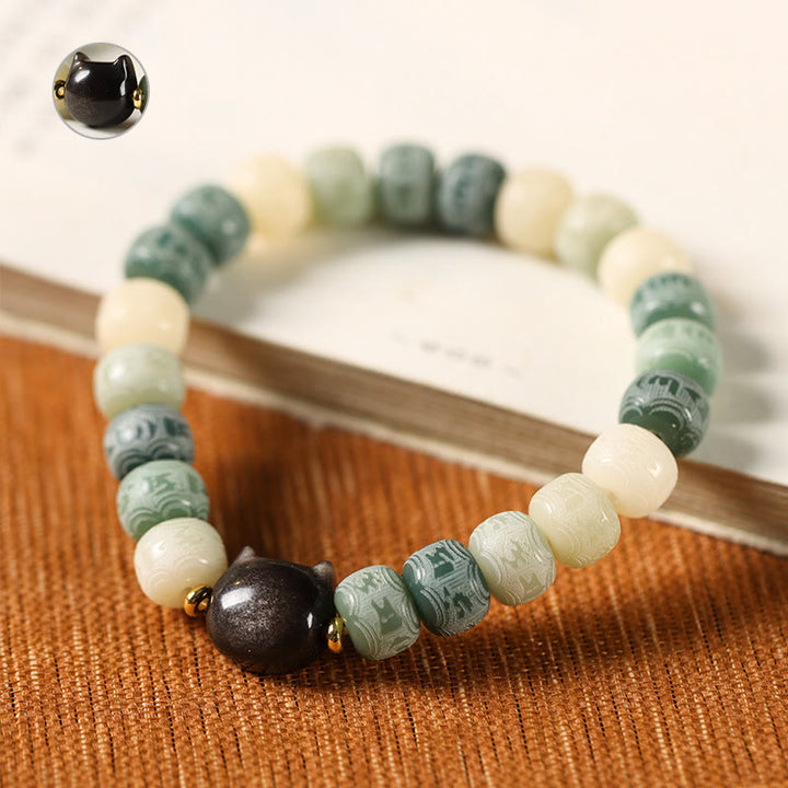 Pulsera de armonía grabada con Buddha Stones de Bodhi, brillo plateado, obsidiana, cabeza de gato, Om Mani Padme Hum - image 9