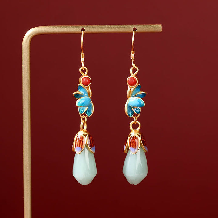 Pendientes colgantes con forma de flor de magnolia y jade, diseño de suerte y prosperidad