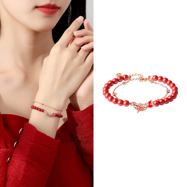 Pulsera de cadena de doble capa de plata de ley 925 con Buddha Stones , pez Koi de la suerte, circonita cinabrio, prosperidad