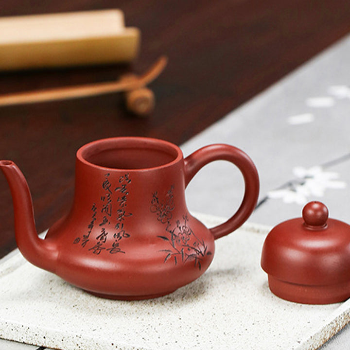 Tetera de kungfú de arcilla púrpura con flor de melocotón de bambú Vintage con Buddha Stones