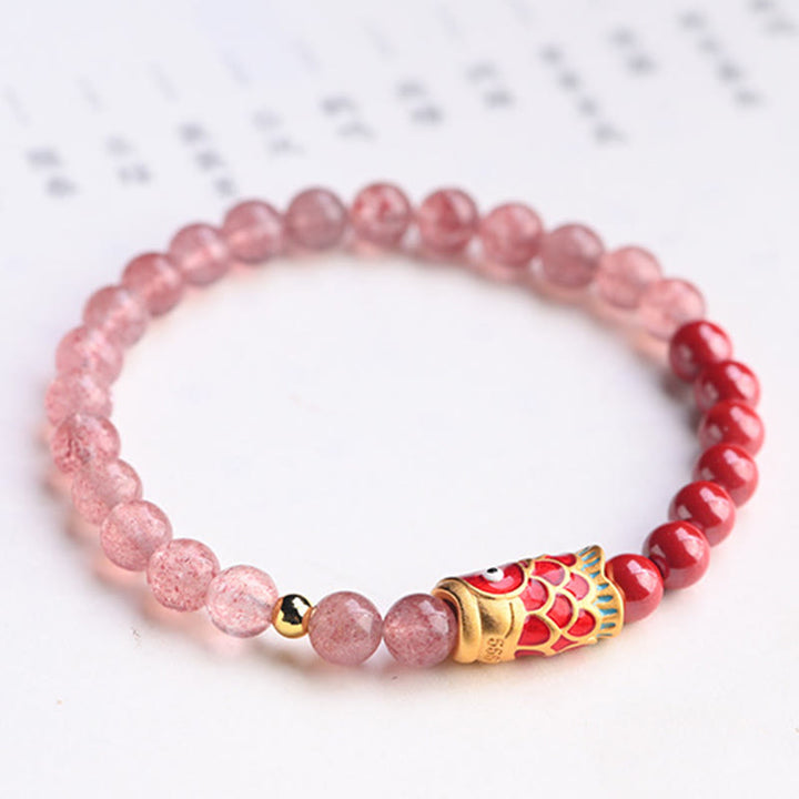 Pulsera curativa de peces Koi de la suerte, cinabrio, cuarzo fresa Natural, Buddha Stones