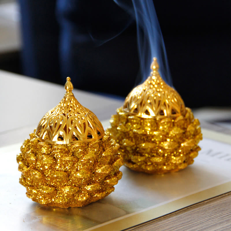 Mini quemador de incienso con diseño de cono de pino dorado, decoración de mesa para el hogar, rituales espirituales