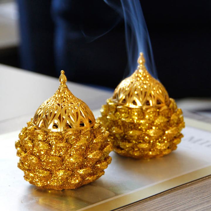 Mini quemador de incienso con diseño de cono de pino dorado, decoración de mesa para el hogar, rituales espirituales