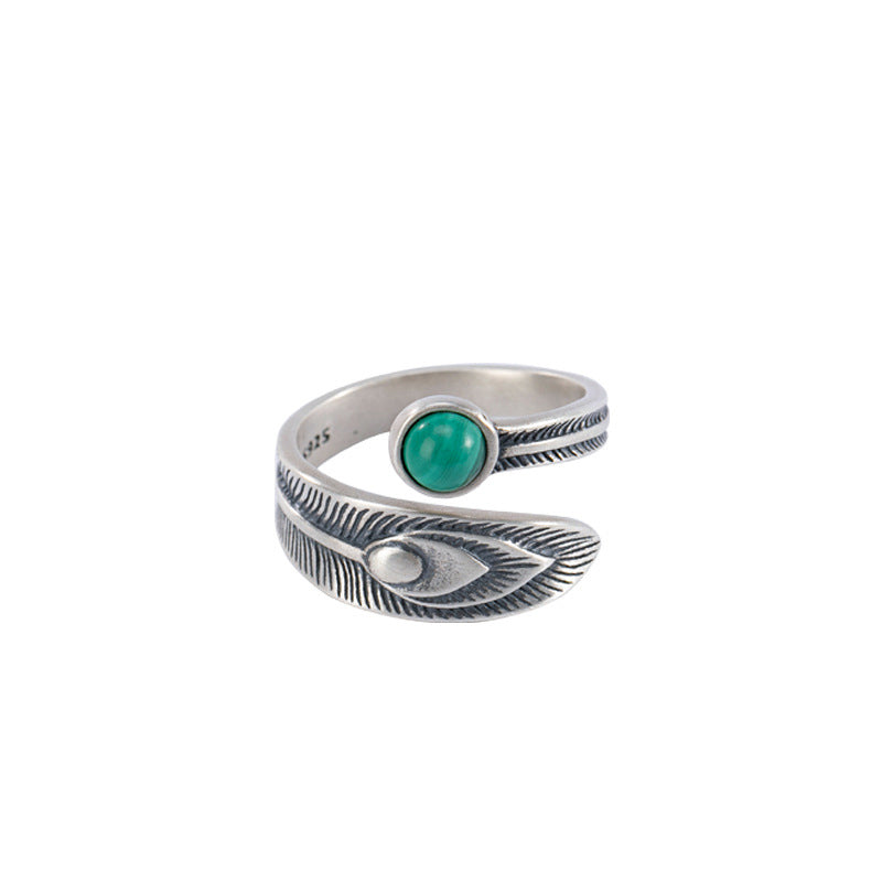 Anillo de protección de plumas de cuentas de malaquita de plata de ley 925