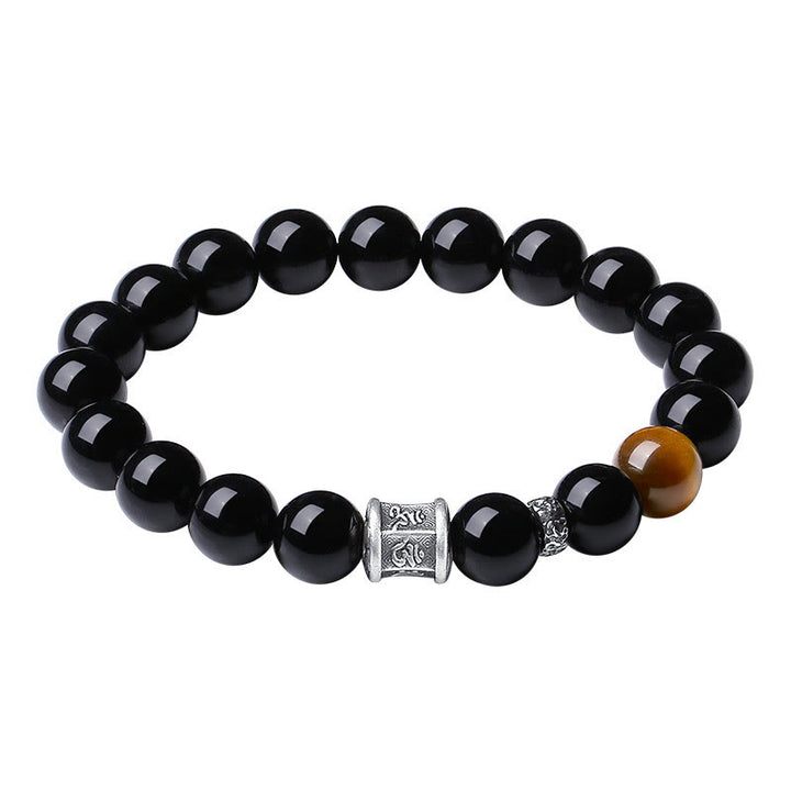 Pulsera de cumplimiento Om Mani Padme Hum de ojo de tigre de obsidiana negra de plata de ley 999 con Buddha Stones