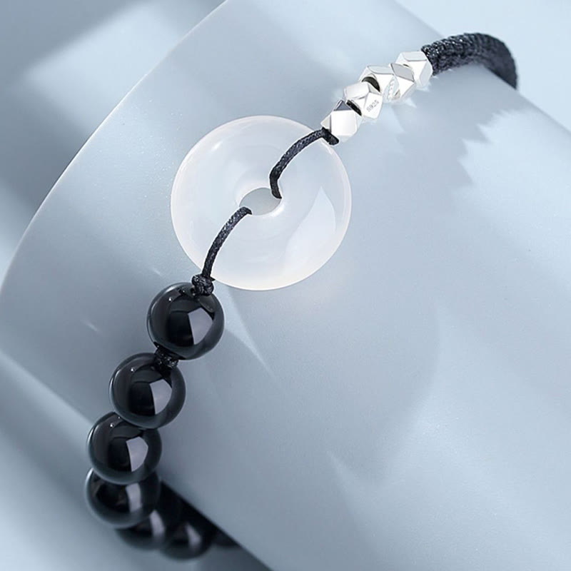 Pulsera de fuerza con hebilla de paz de ágata de obsidiana negra de plata de ley 925 con Buddha Stones