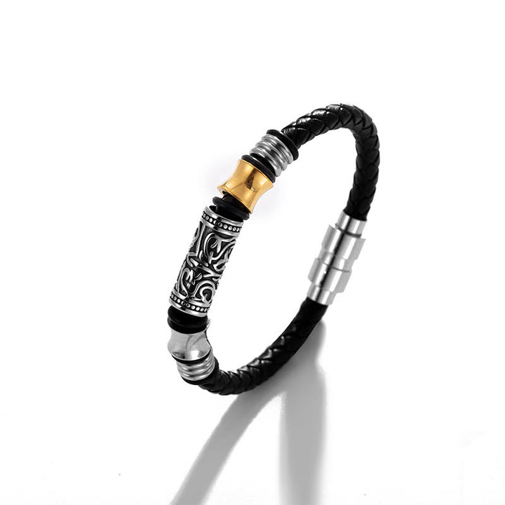 Pulsera de cuero con hebilla de acero inoxidable de la suerte con diseño de flores de la dinastía Tang de Buddha Stones