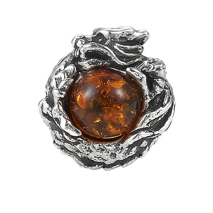 Pendientes de tuerca de plata de ley 925 con Buddha Stones, dragón de ámbar natural, protección del éxito