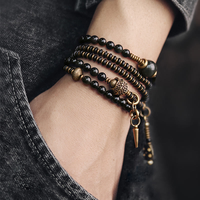 Pulsera multicapa positiva de cobre y madera de ébano, obsidiana, arcoíris , Buddha Stones