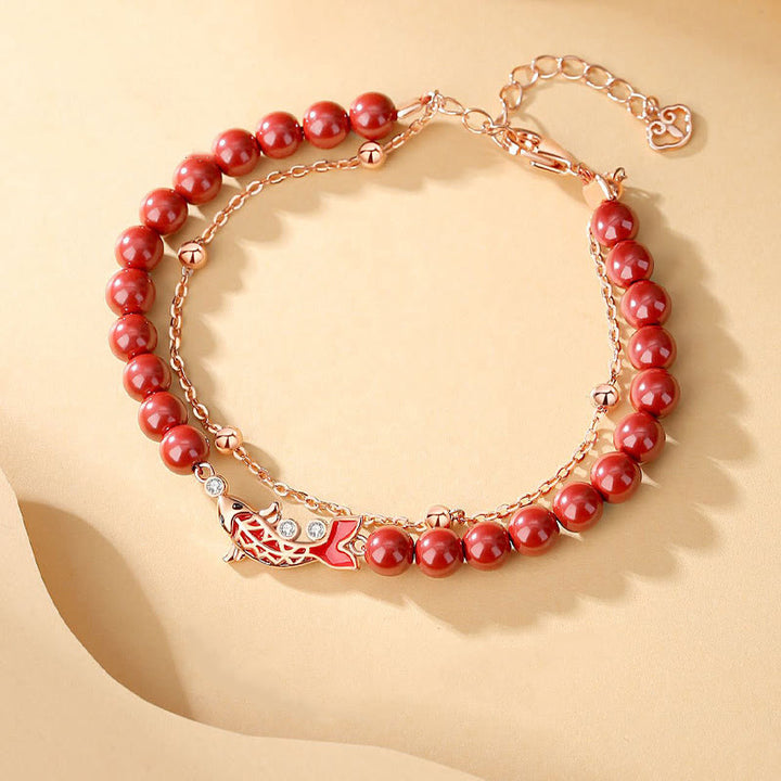 Pulsera de cadena de doble capa de plata de ley 925 con Buddha Stones , pez Koi de la suerte, circonita cinabrio, prosperidad
