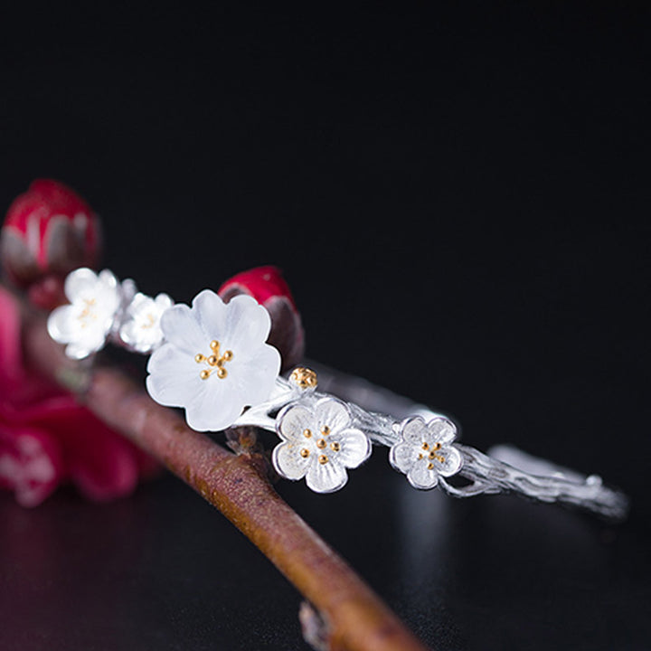 Pulsera ajustable con Buddha Stones de plata de ley 925 con flor de ciruelo y bendición