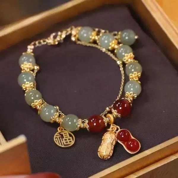 Pulsera con cuentas de la suerte, con Buddha Stones, hoja de jade, Ginkgo, tulipán, cacahuete, Fu - Personaje de Peanut Fu y cuenta roja de jade - image 16