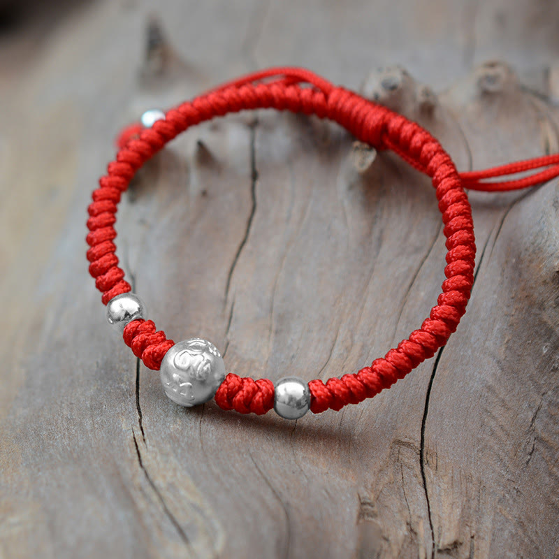 Pulsera de pareja de cuerda de fuerza de la suerte con moneda de cobre Om Mani Padme Hum de plata de ley 999 con Buddha Stones - Om Mani Padme Hum de plata - Cuerda roja (tamaño de la pulsera: 15,5-24 cm) - image 5